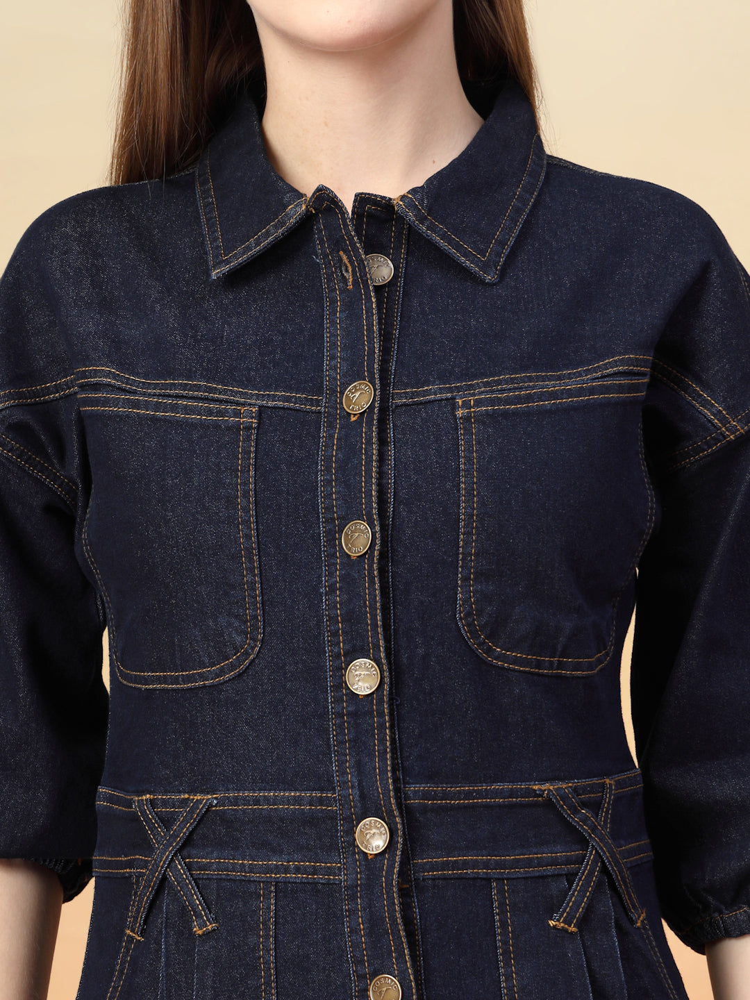 Dark Blue Denim Bodycon Button-Down Mini Dress