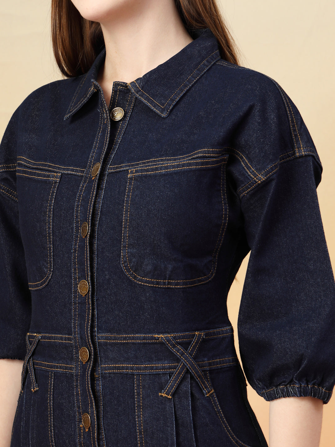 Dark Blue Denim Bodycon Button-Down Mini Dress