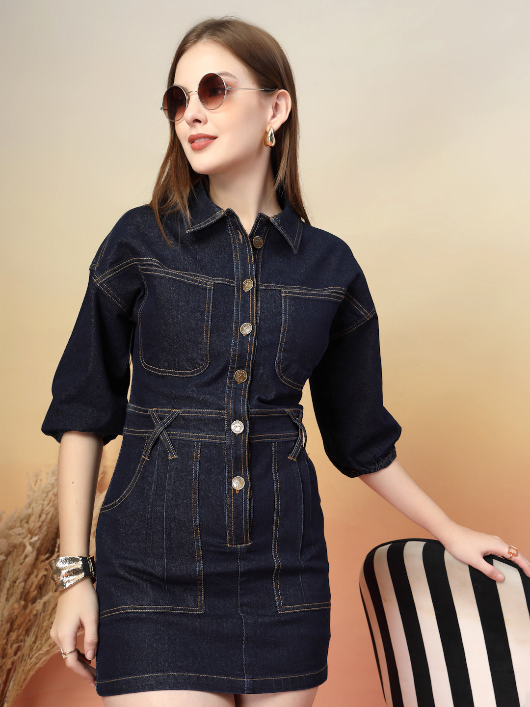 Dark Blue Denim Bodycon Button-Down Mini Dress