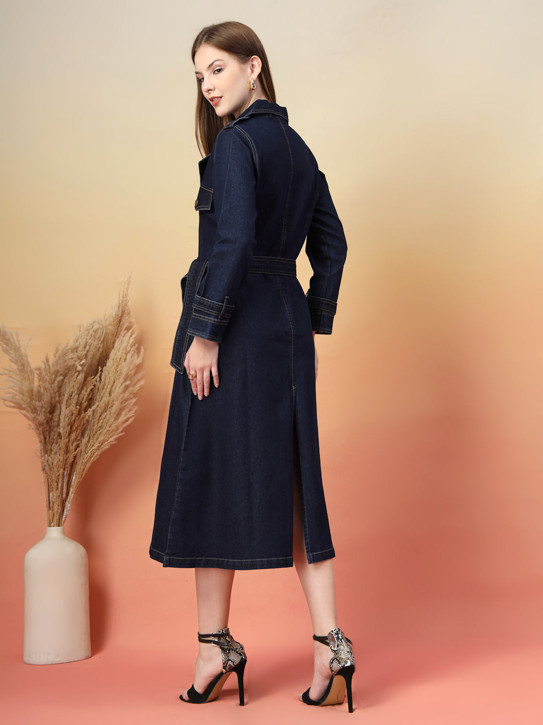 Denim Trench Midi Dress with Belt
