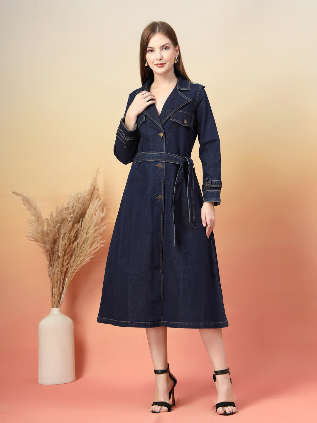 Denim Trench Midi Dress with Belt