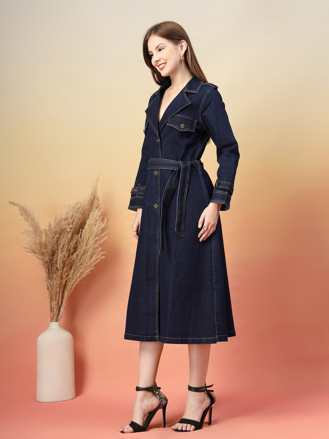 Denim Trench Midi Dress with Belt