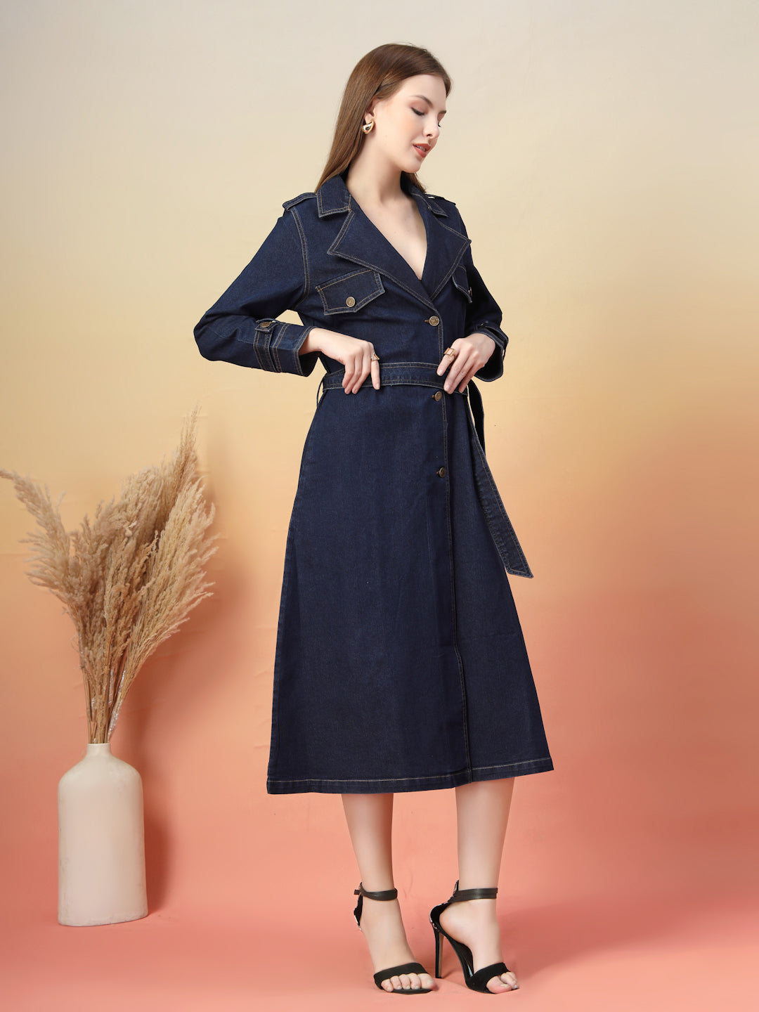 Denim Trench Midi Dress with Belt