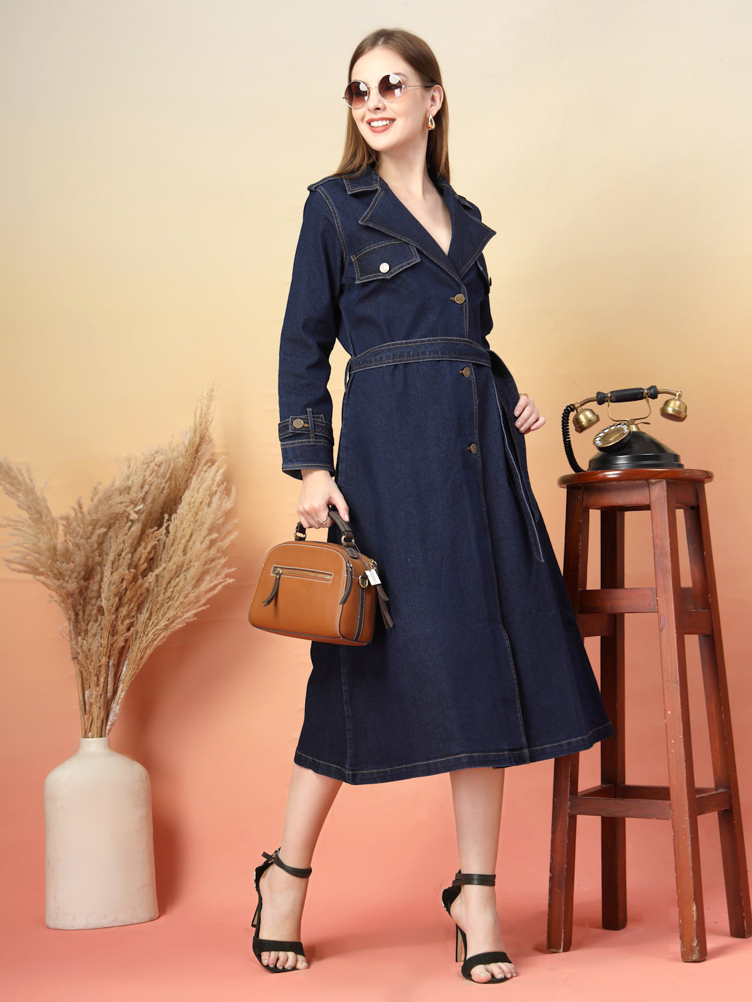 Denim Trench Midi Dress with Belt