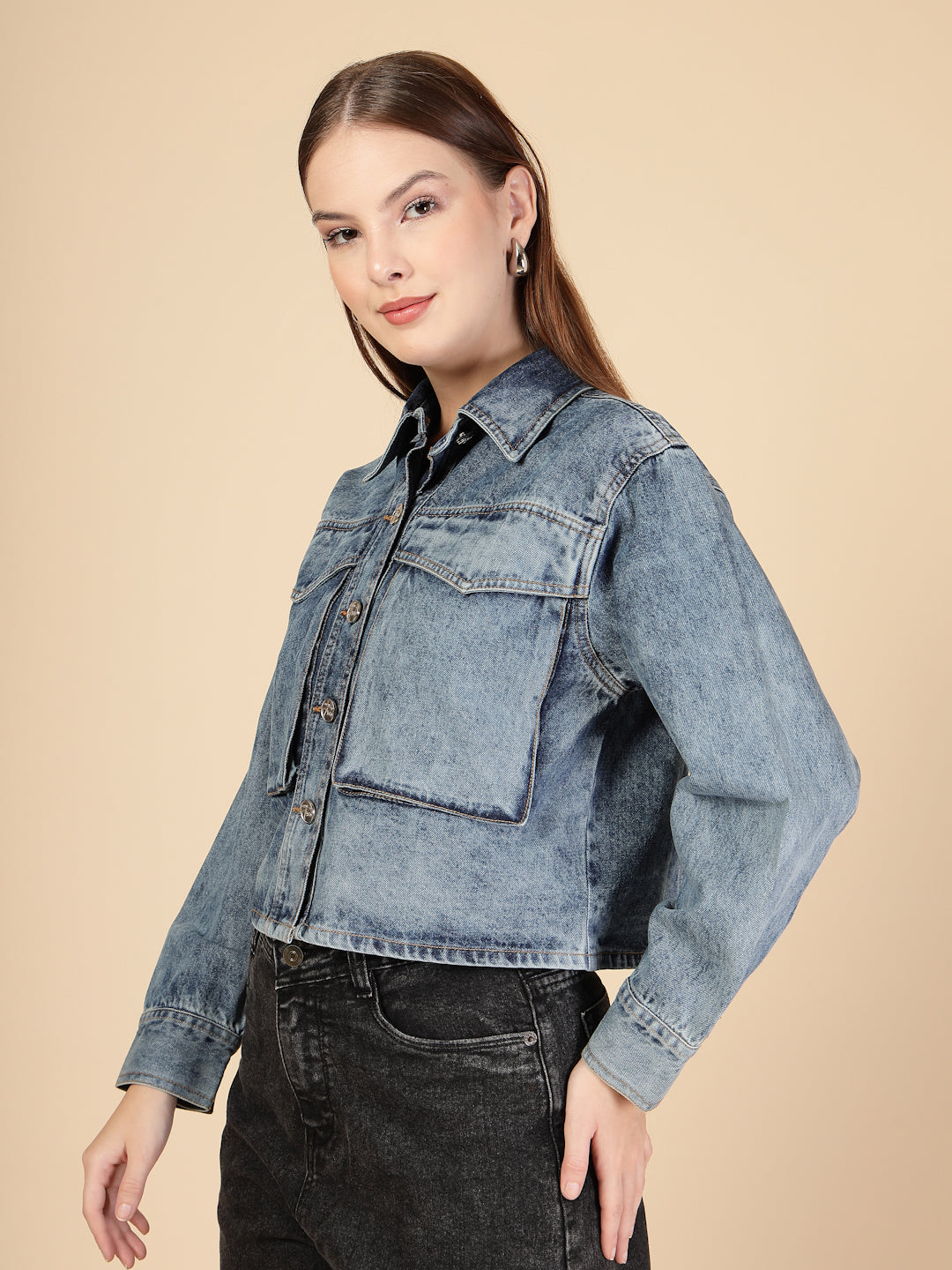 Denim Front button closure with metallic buttons Jacket