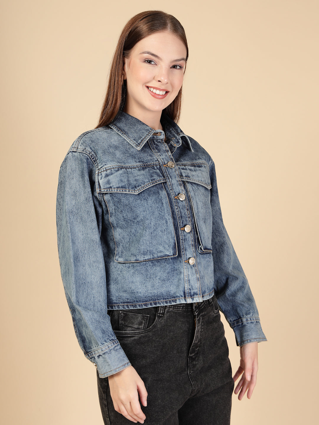 Denim Front button closure with metallic buttons Jacket