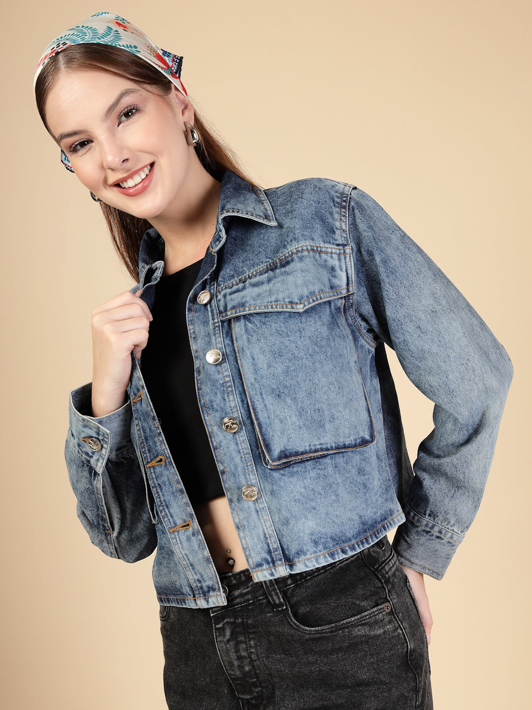 Denim Front button closure with metallic buttons Jacket