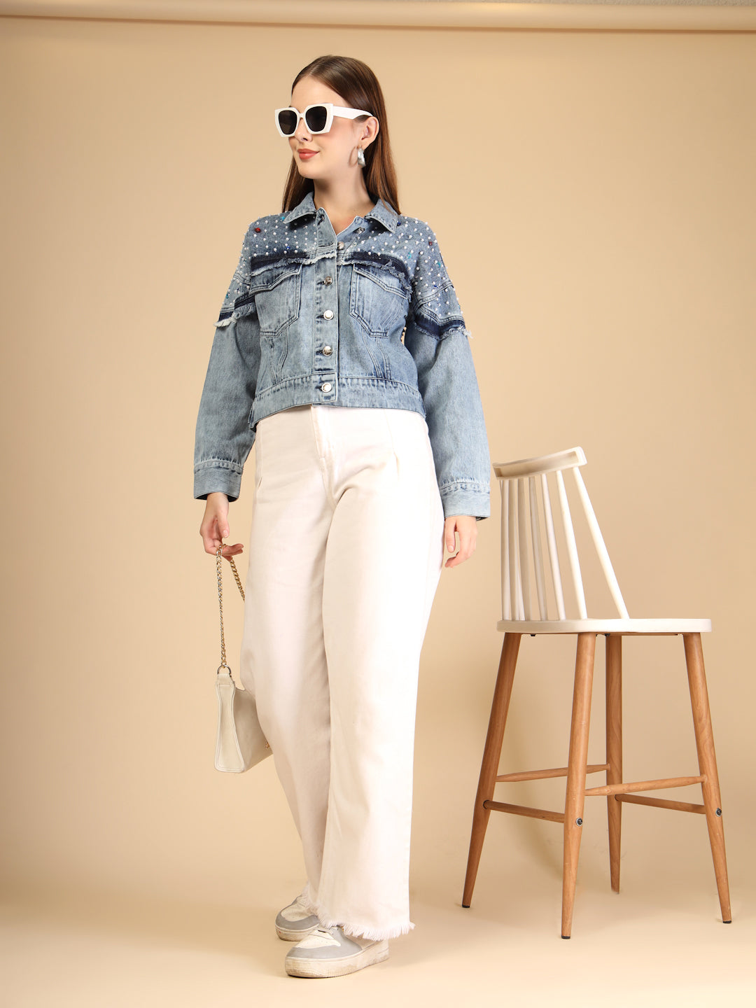 Denim Pearl and bead embellishments Jacket