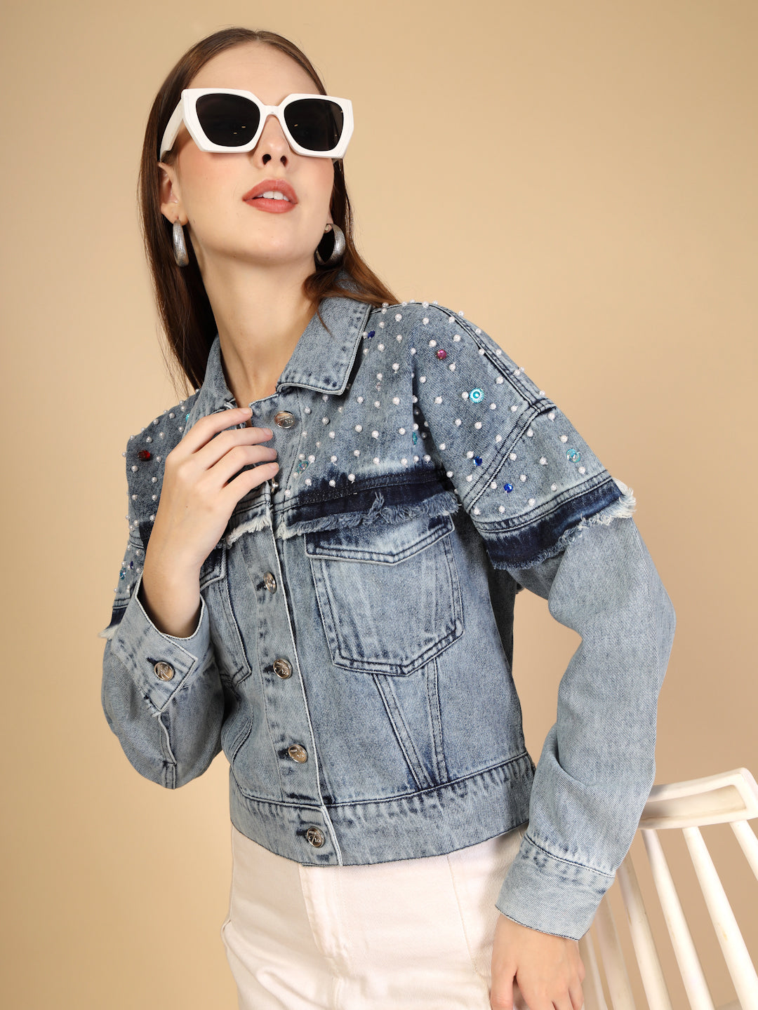 Denim Pearl and bead embellishments Jacket
