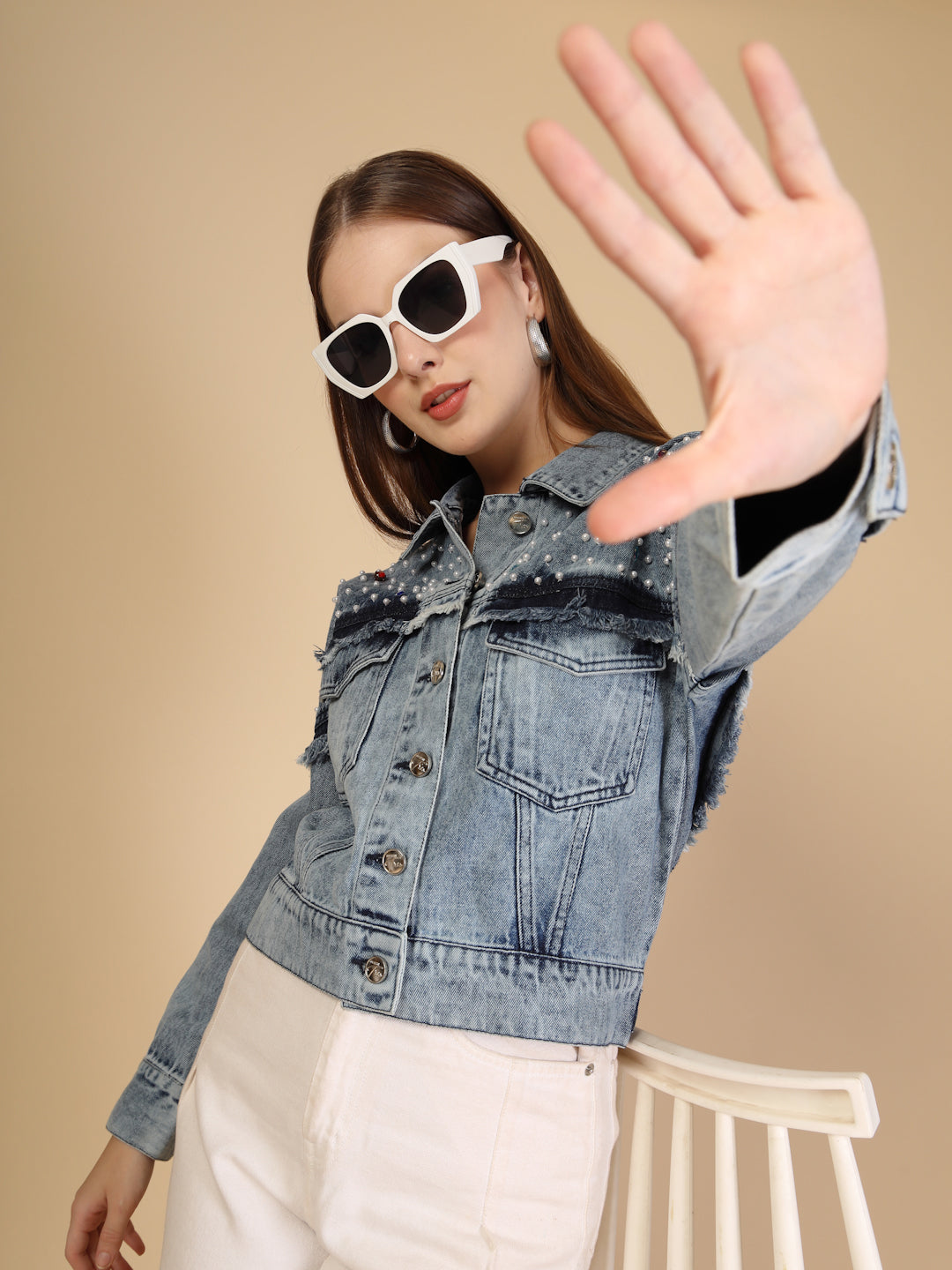 Denim Pearl and bead embellishments Jacket