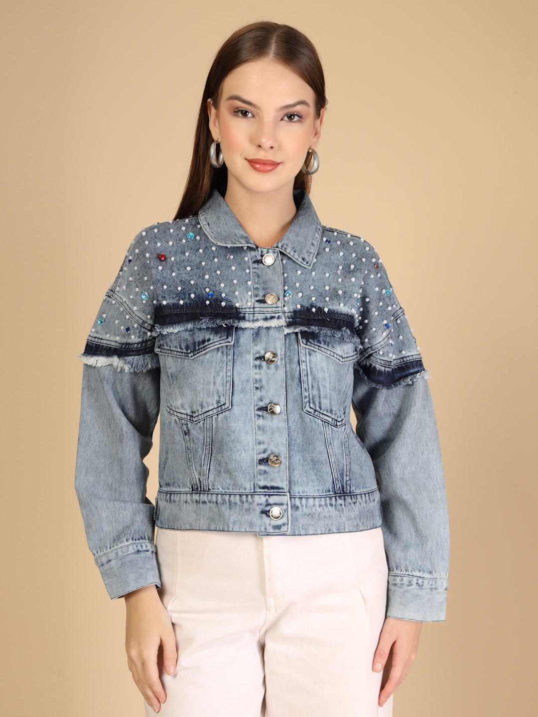 Denim Pearl and bead embellishments Jacket