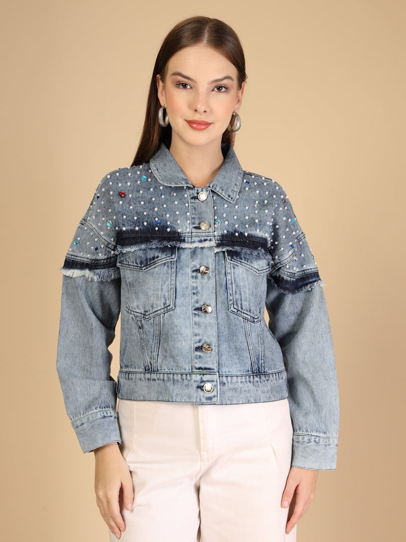 Denim Pearl and bead embellishments Jacket
