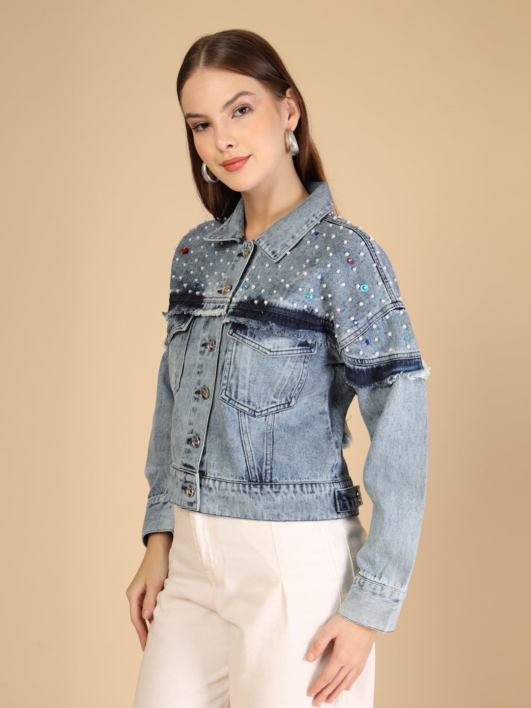 Denim Pearl and bead embellishments Jacket