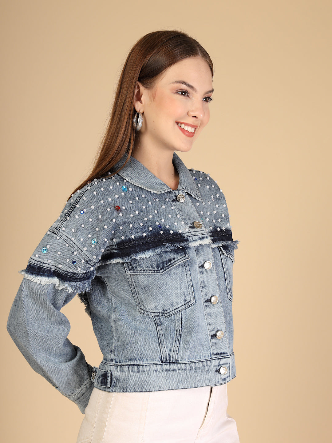 Denim Pearl and bead embellishments Jacket