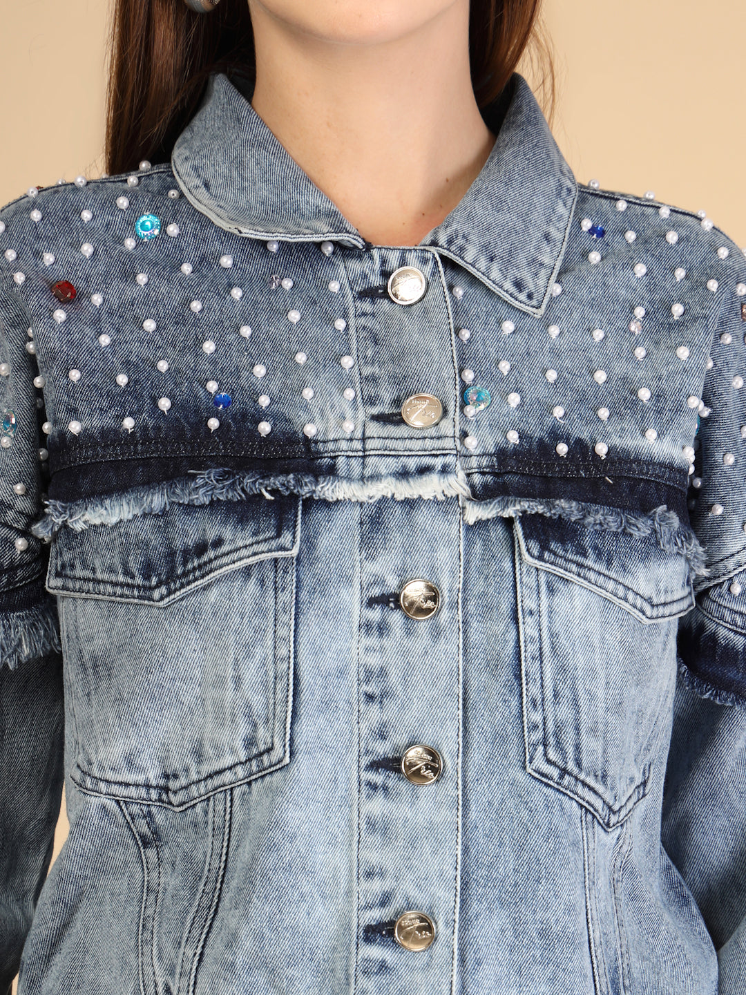 Denim Pearl and bead embellishments Jacket