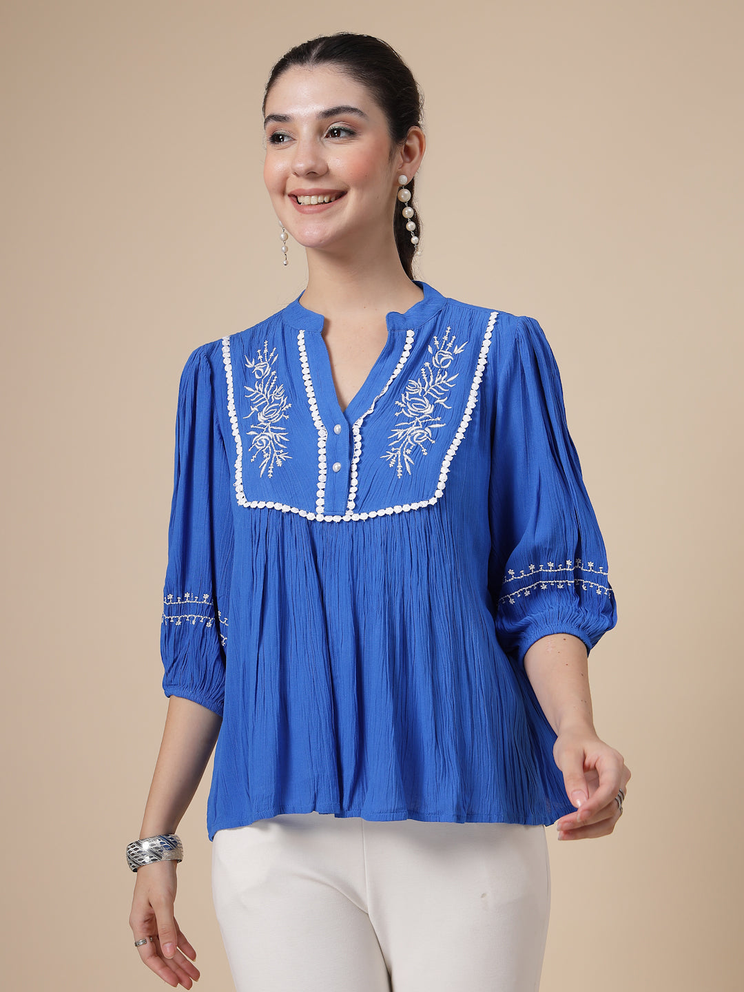 Embroidered Lightweight crinkled Top
