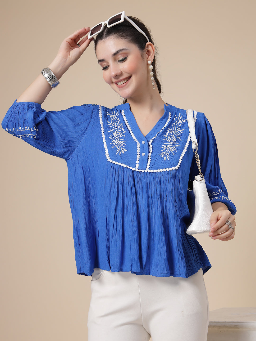 Embroidered Lightweight crinkled Top