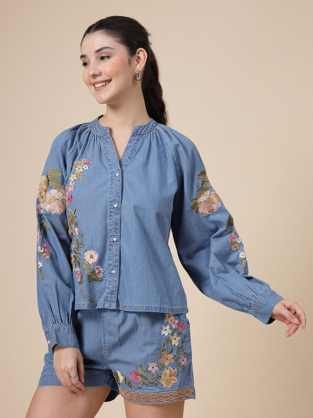 Embroidered Denim Co-ord Set ( Shirts & Shorts)