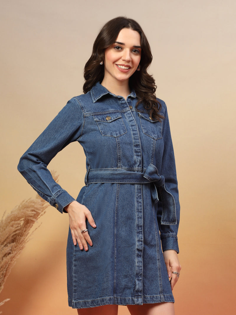 Mid Blue Denim Shirt Dress for Women – Smart Casual Wear