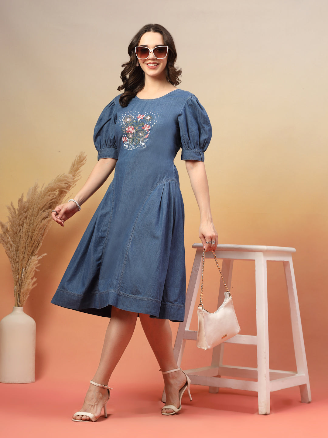 Embroidered Round Neck Fit & Flare Midi Dress