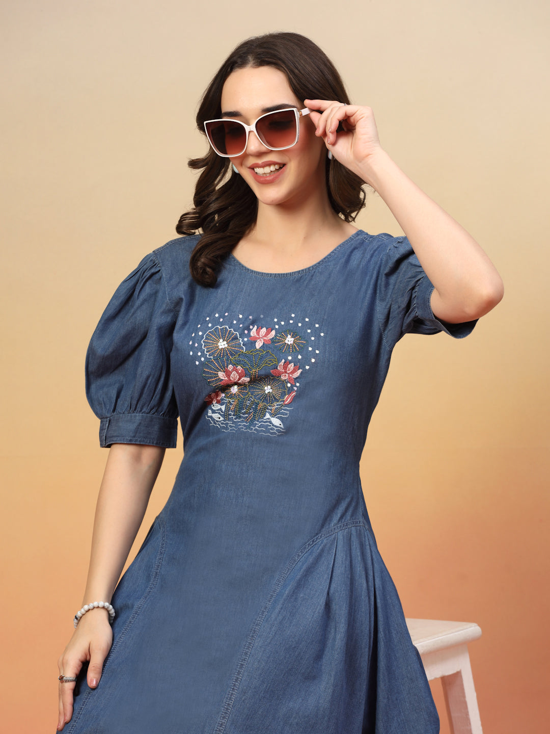 Embroidered Round Neck Fit & Flare Midi Dress