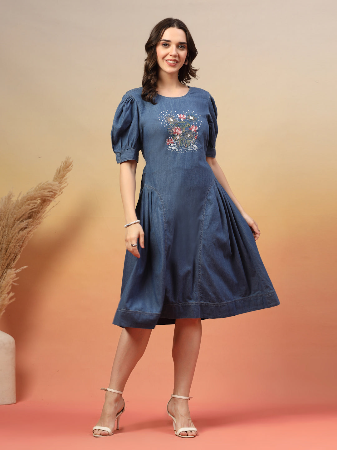 Embroidered Round Neck Fit & Flare Midi Dress
