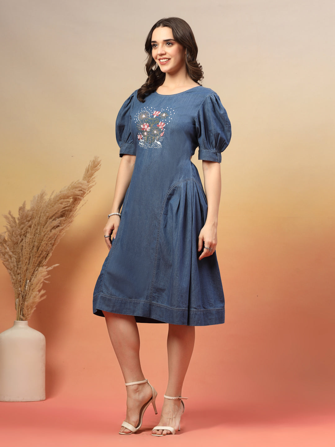 Embroidered Round Neck Fit & Flare Midi Dress