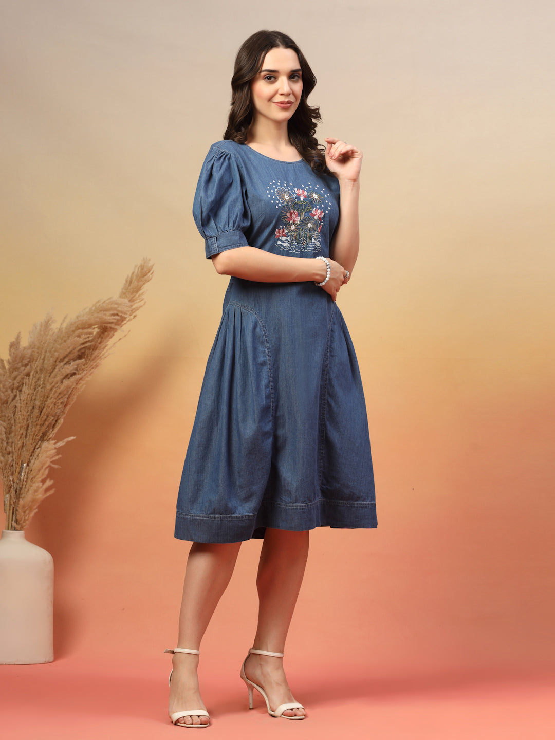 Embroidered Round Neck Fit & Flare Midi Dress