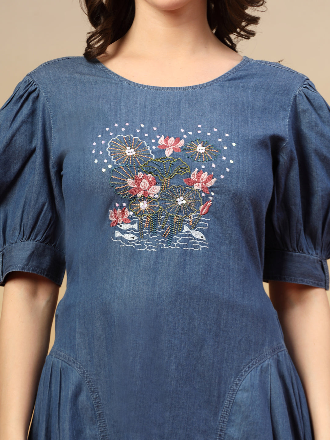 Embroidered Round Neck Fit & Flare Midi Dress