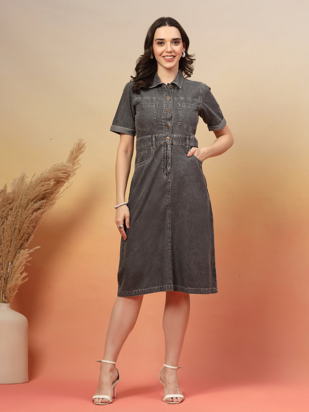 Shirt Collar Denim A-Line Dress