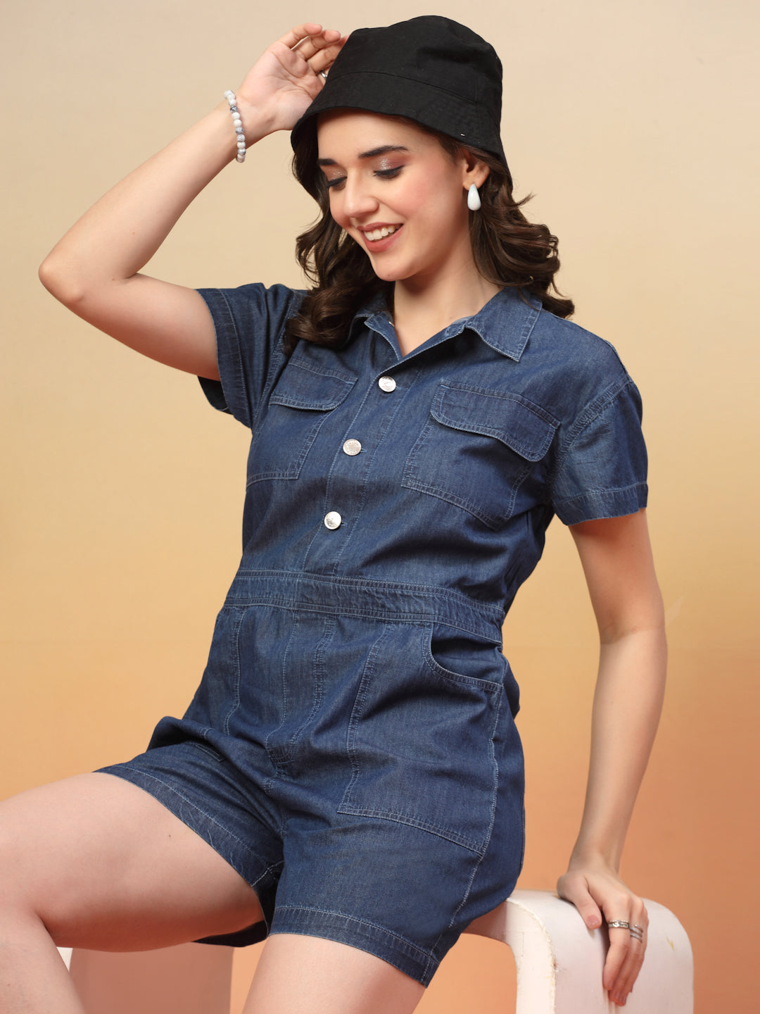Denim Shirt Collar Playsuit