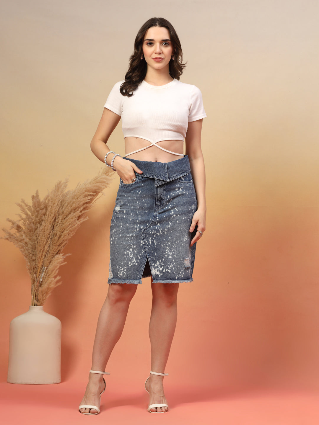 High-Waisted A-Line Knee Length Denim Skirt