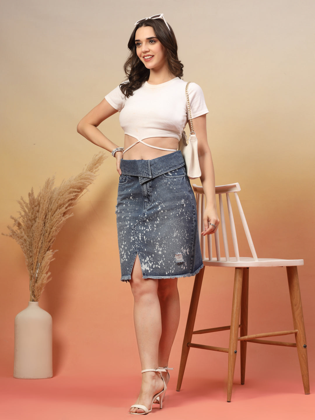 High-Waisted A-Line Knee Length Denim Skirt - Main Image