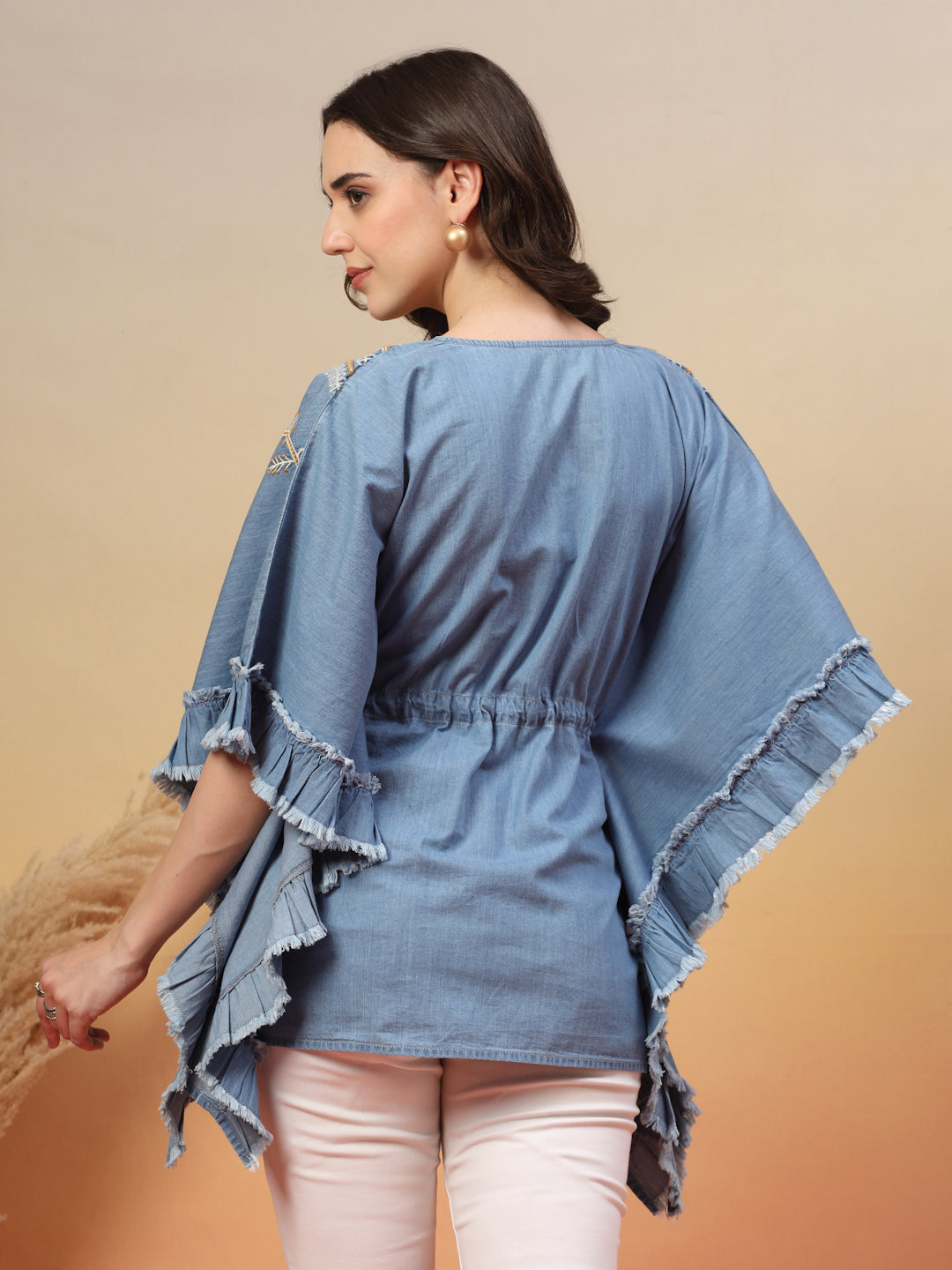 Ethnic Motifs Embroidered Cotton Denim Kaftan Tunic