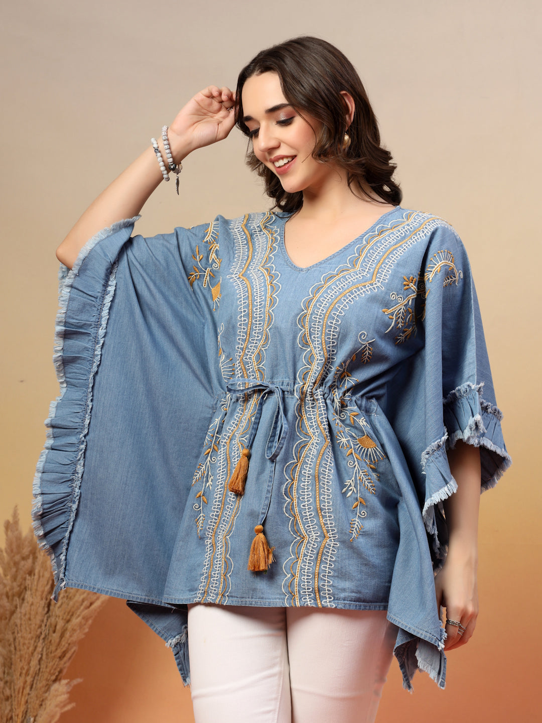 Ethnic Motifs Embroidered Cotton Denim Kaftan Tunic
