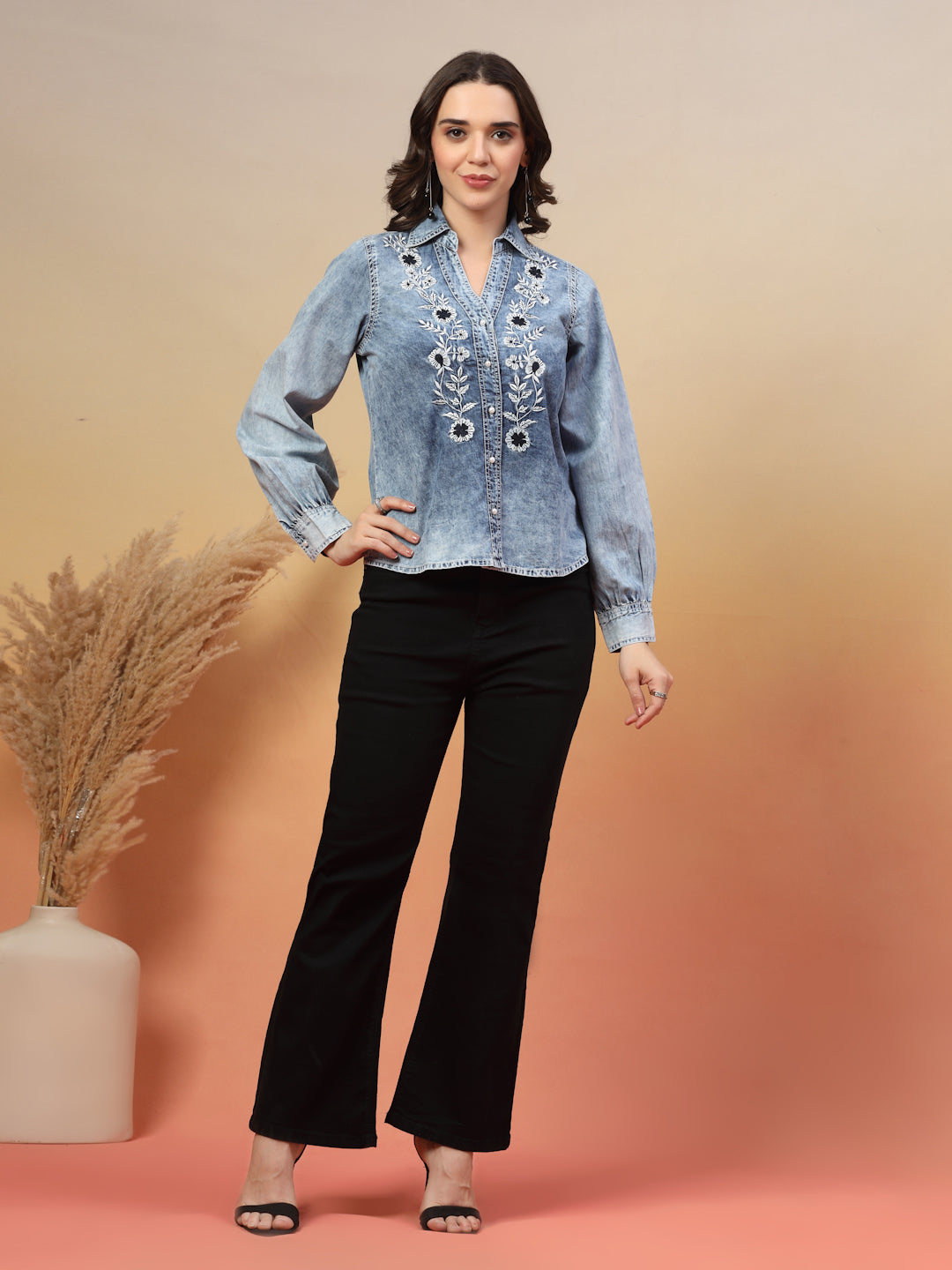 Embroidered Spread Collar Shirt