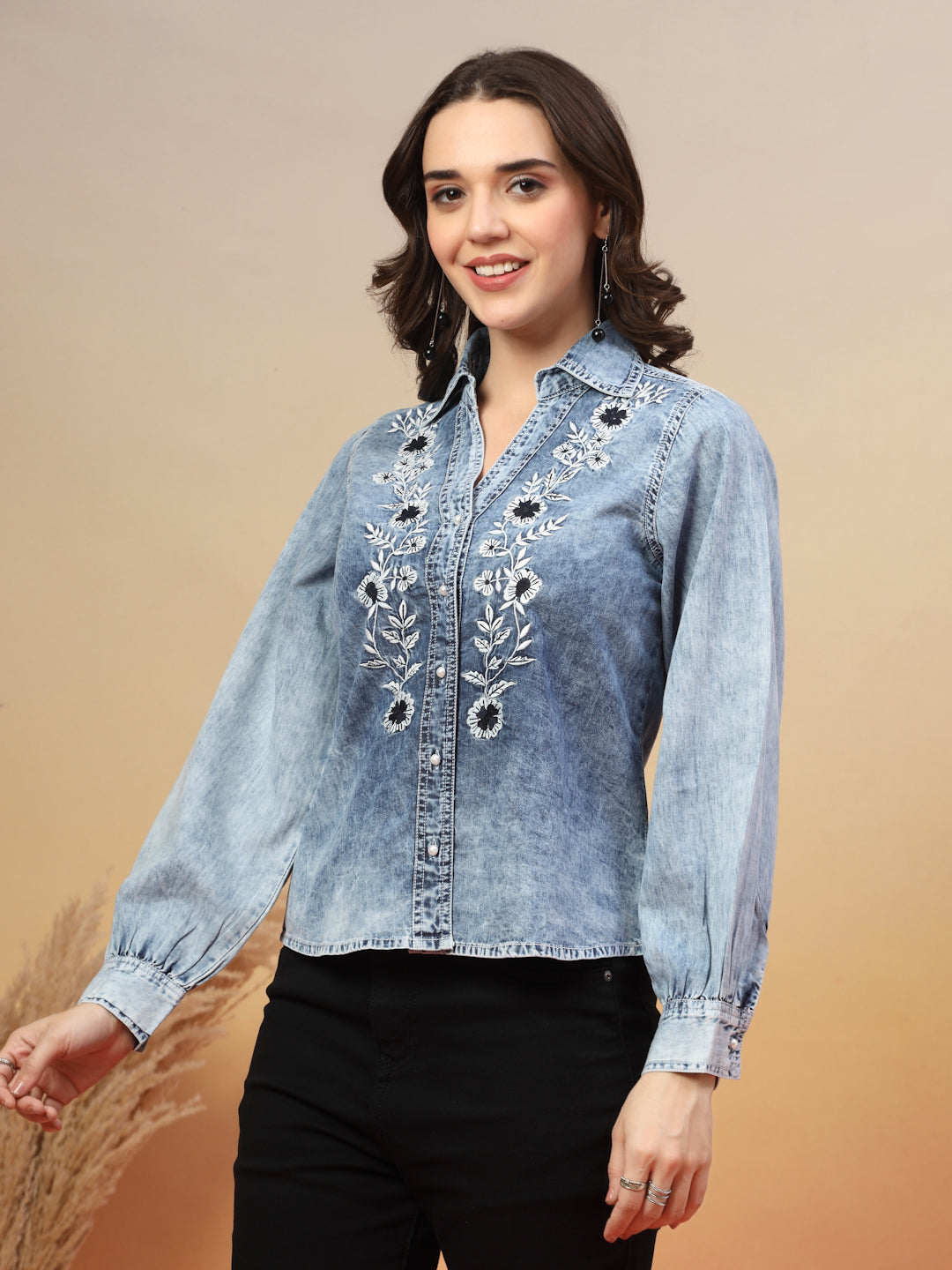 Embroidered Spread Collar Shirt