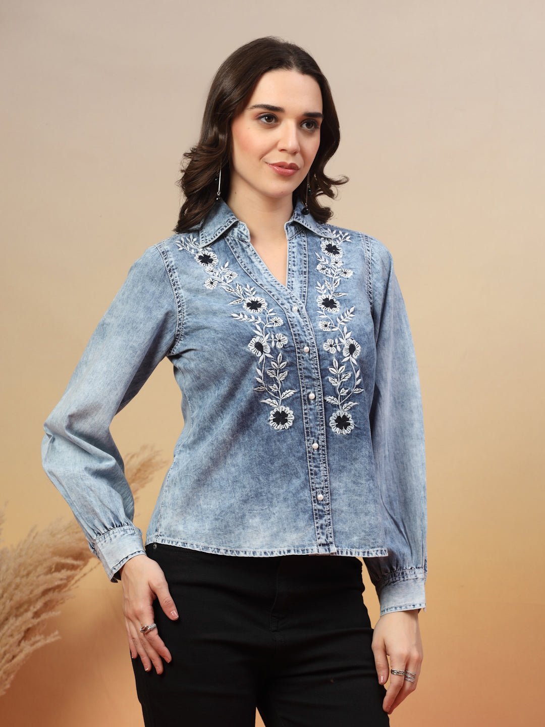 Embroidered Spread Collar Shirt