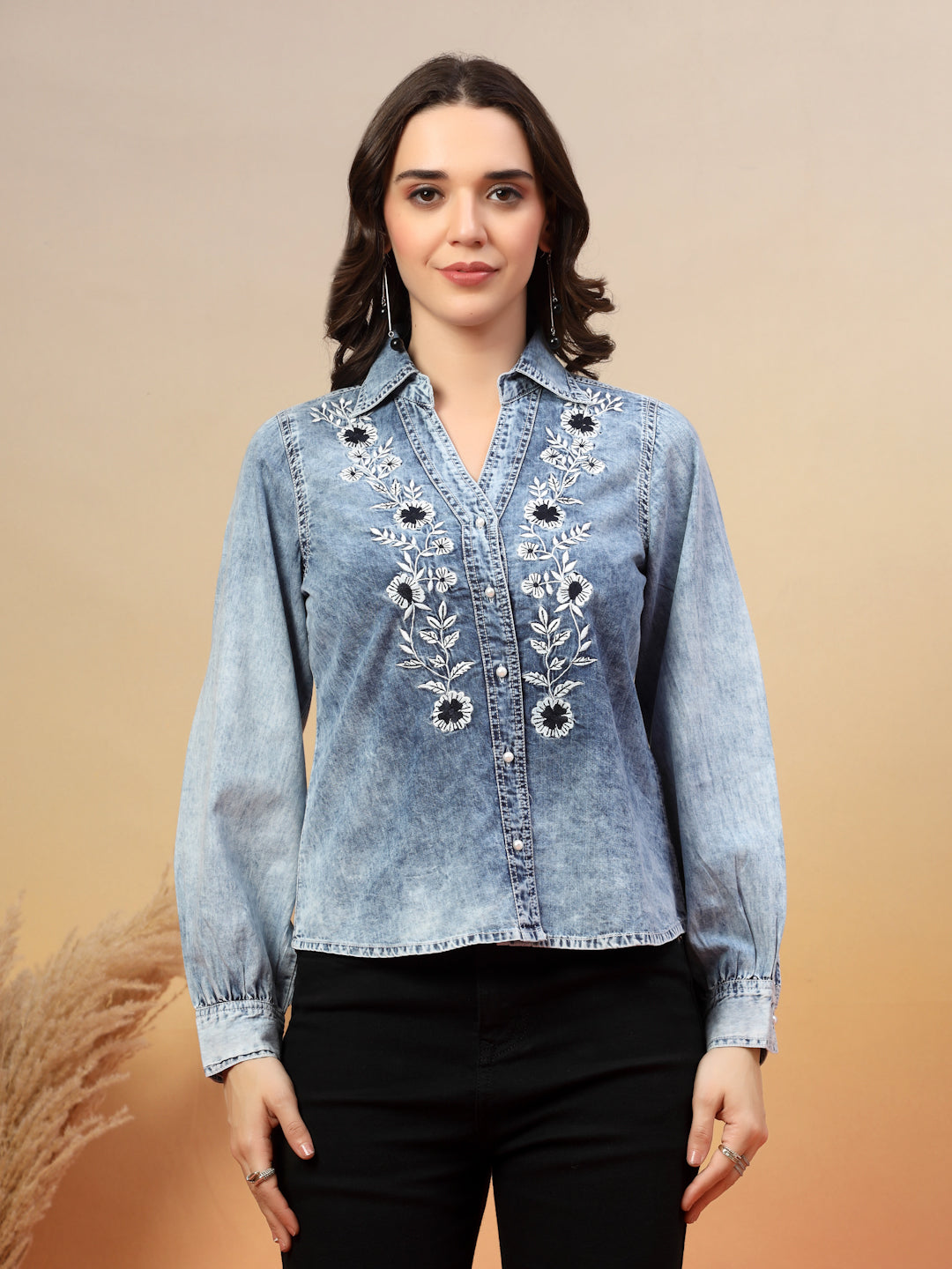 Embroidered Spread Collar Shirt