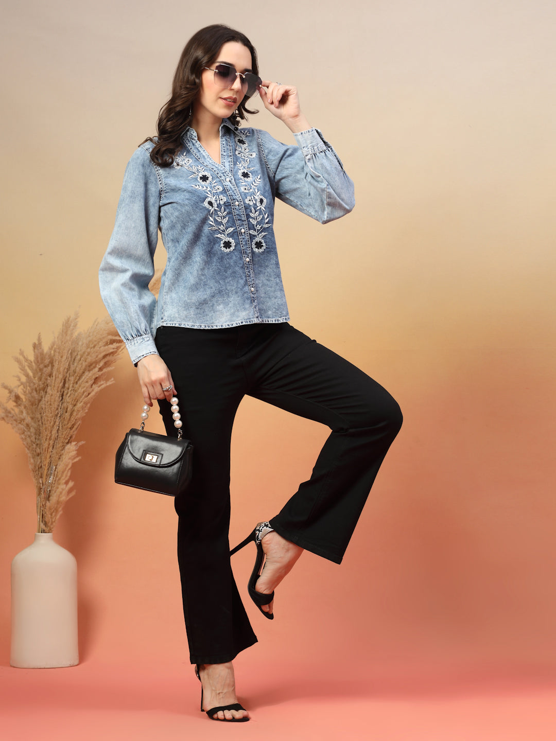 Embroidered Spread Collar Shirt