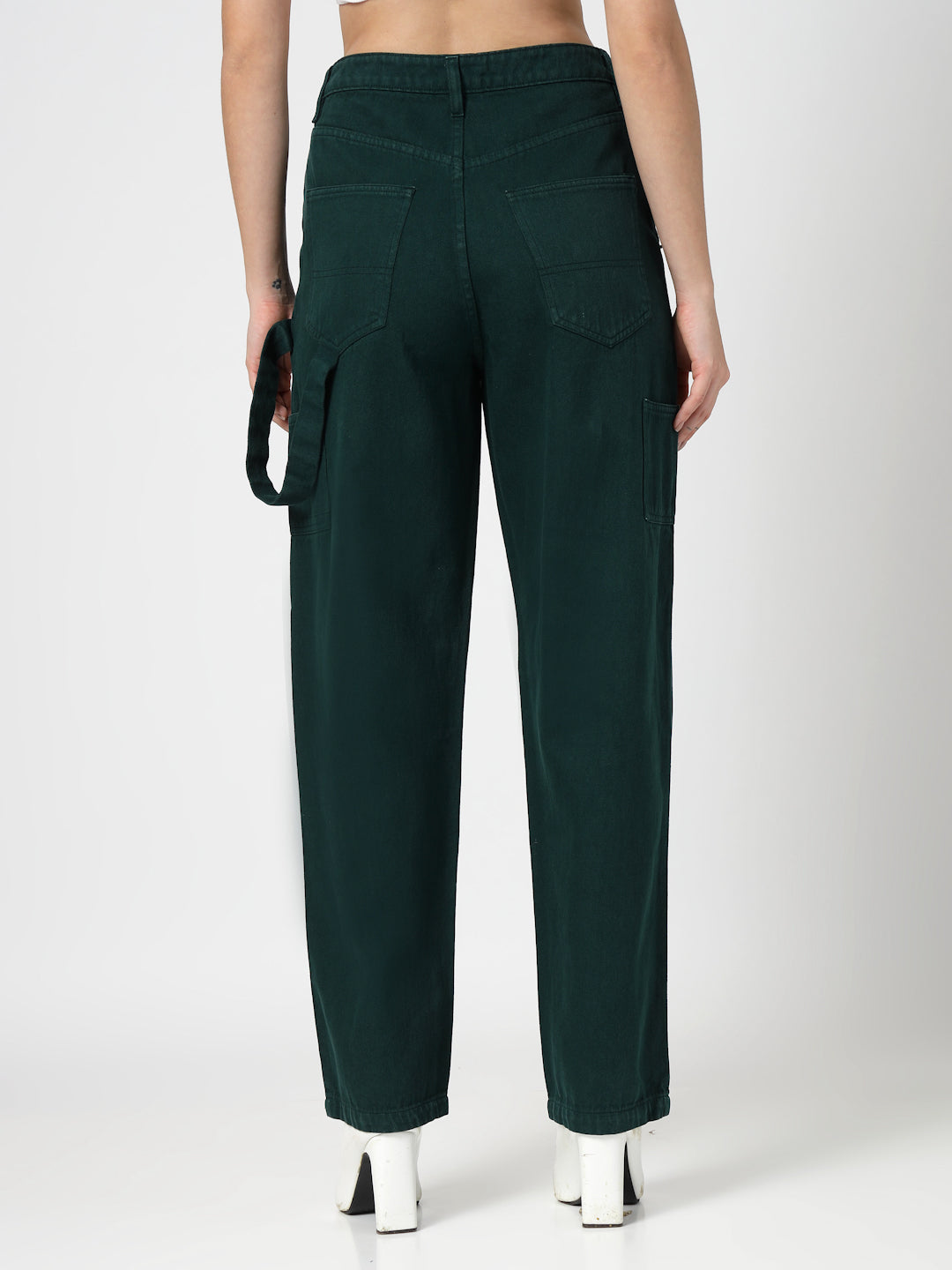 Teal Green Cotton Loose Fit Cargo Denim Pants Women