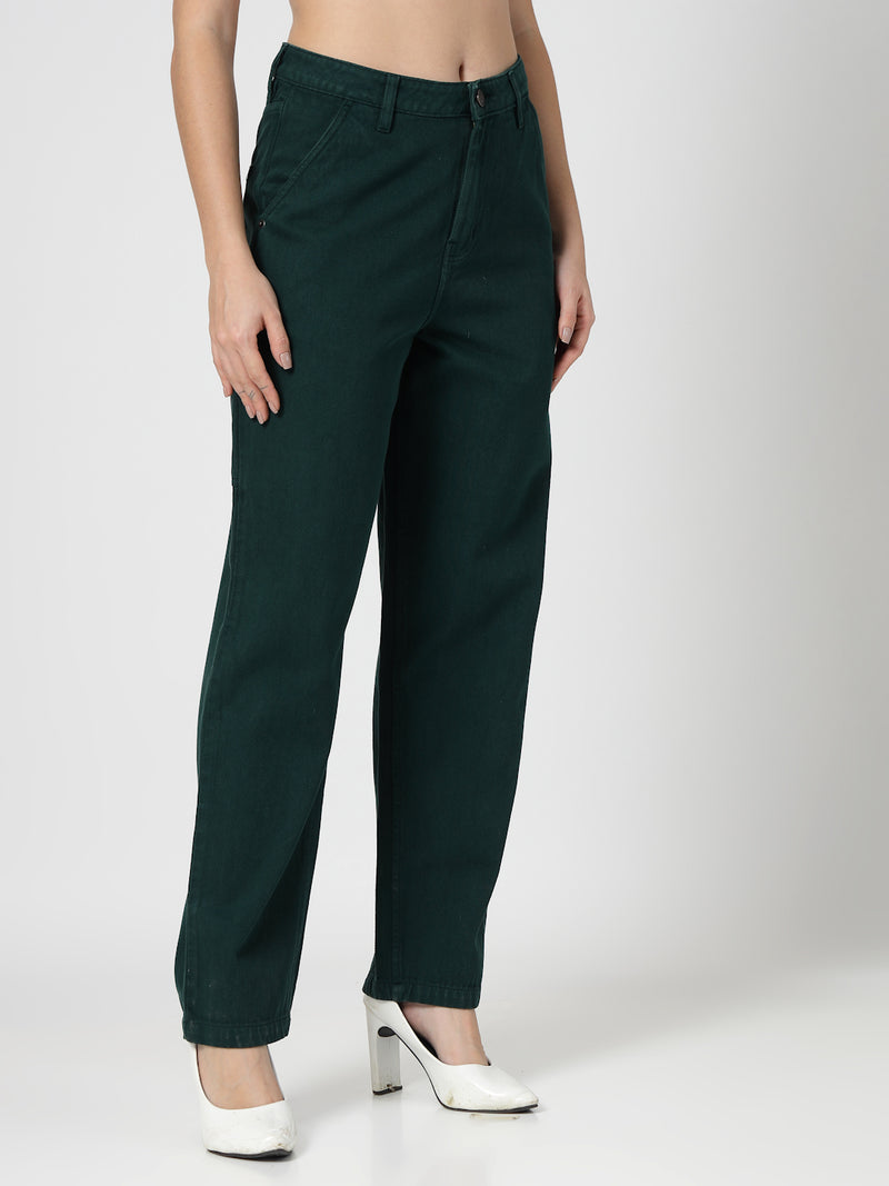 Teal Green Cotton Loose Fit Cargo Denim Pants Women