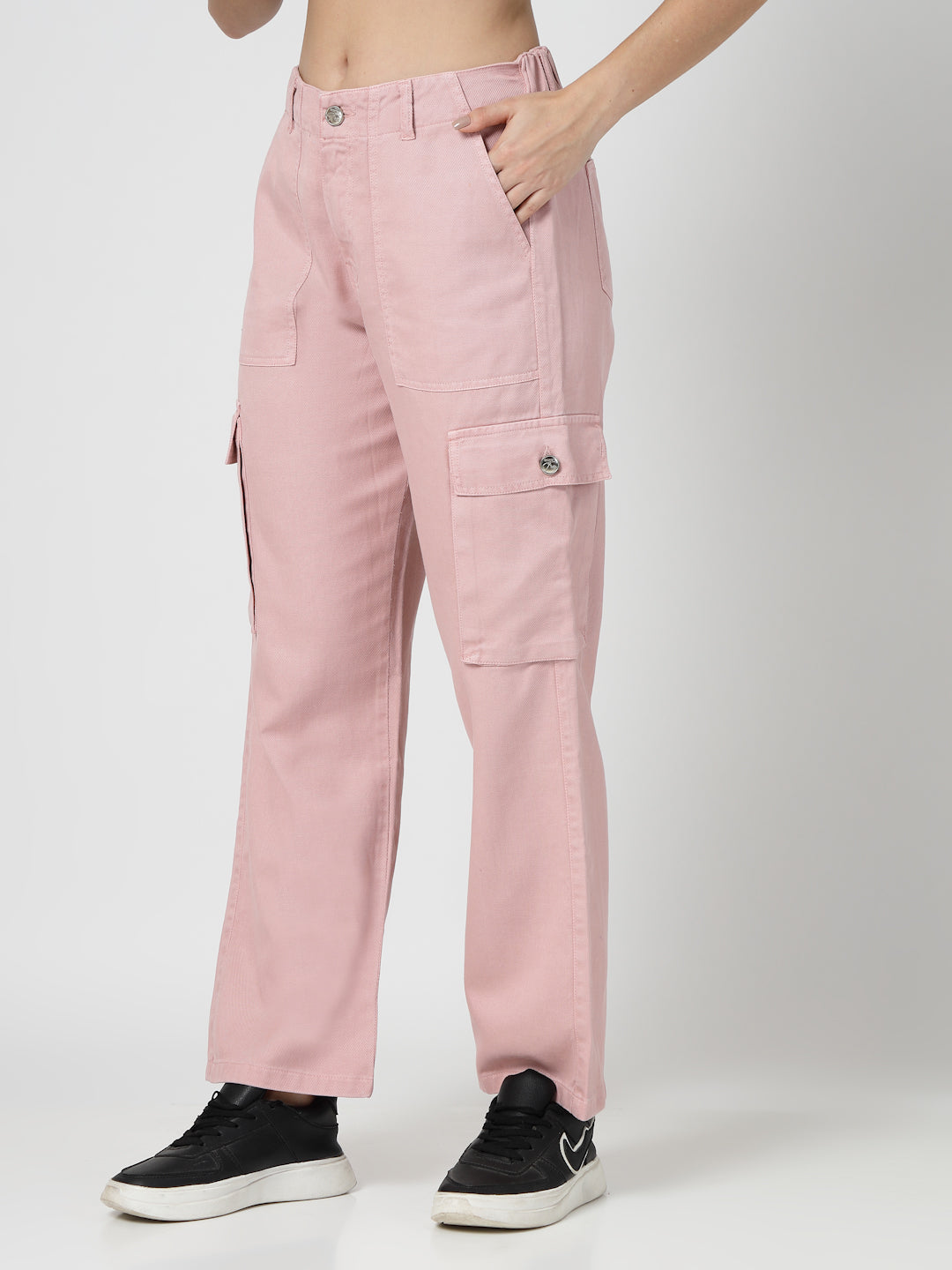 Pink Cotton Straight Fit Cargo Pants Women