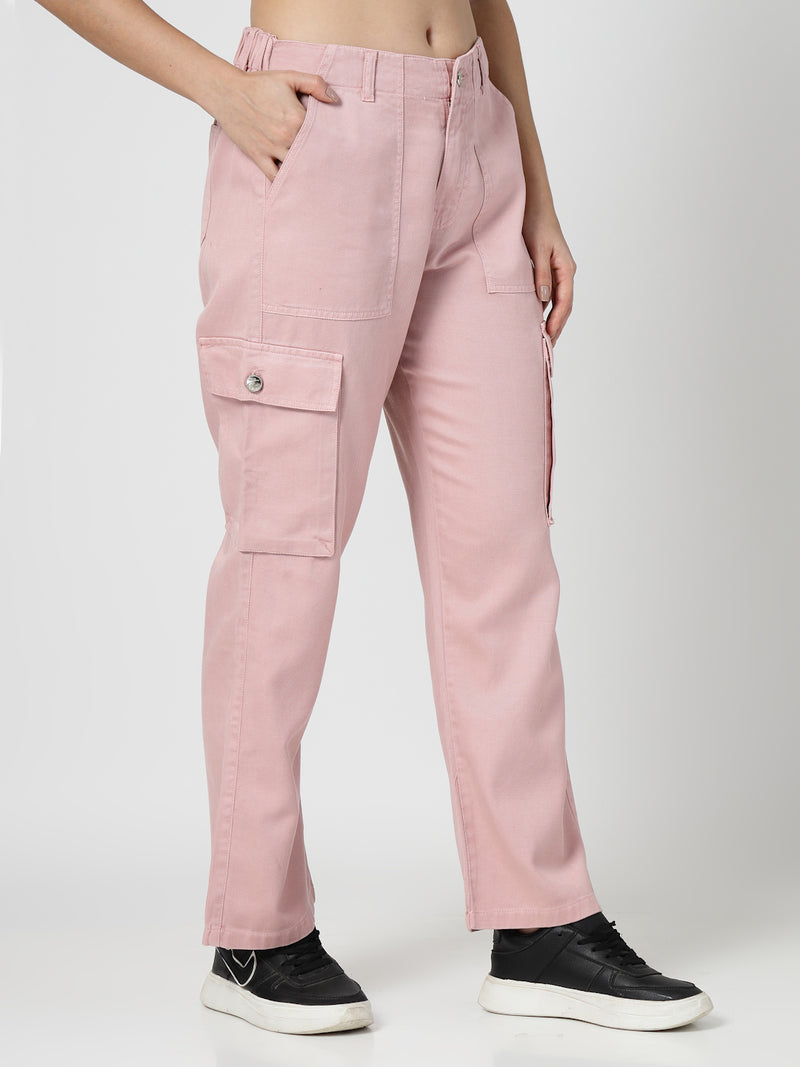 Pink Cotton Straight Fit Cargo Pants Women