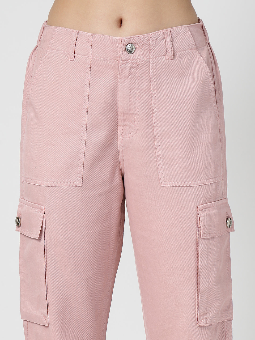 Pink Cotton Straight Fit Cargo Pants Women