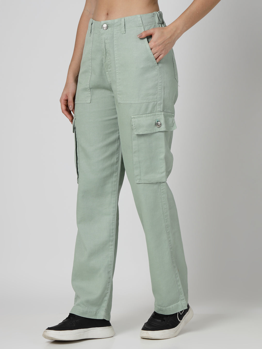 Light Green Cotton Regular Fit Cargo Denim Jeans Women