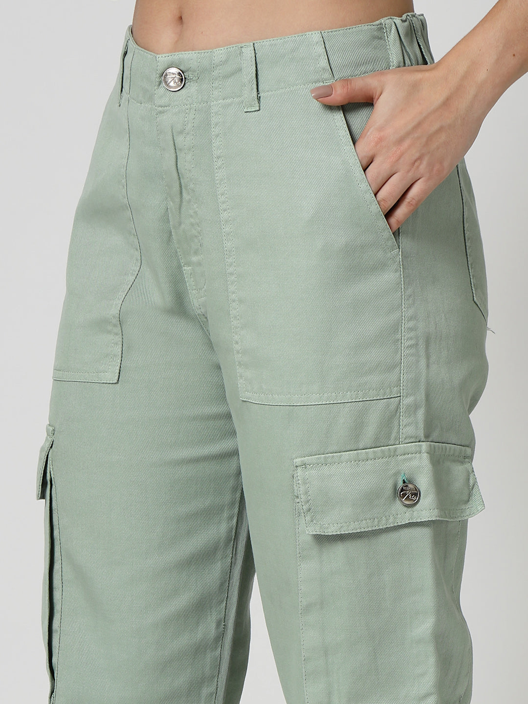 Light Green Cotton Regular Fit Cargo Denim Jeans Women