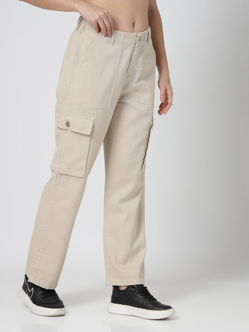 Beige Cotton Straight Fit Cargo Pants Women