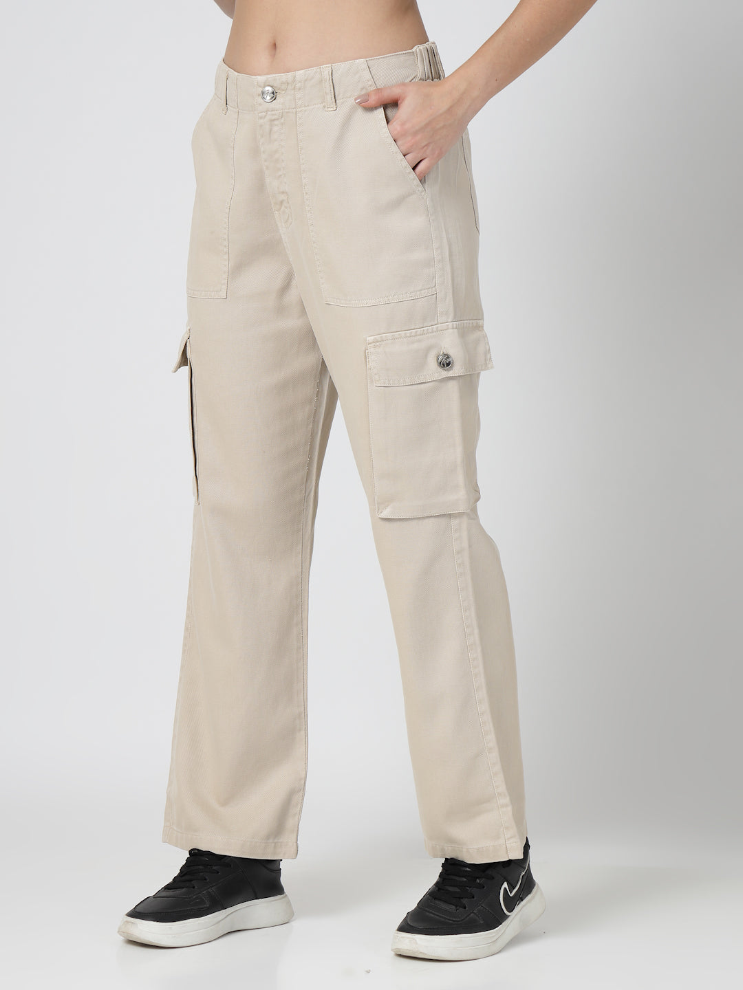Beige Cotton Straight Fit Cargo Pants Women