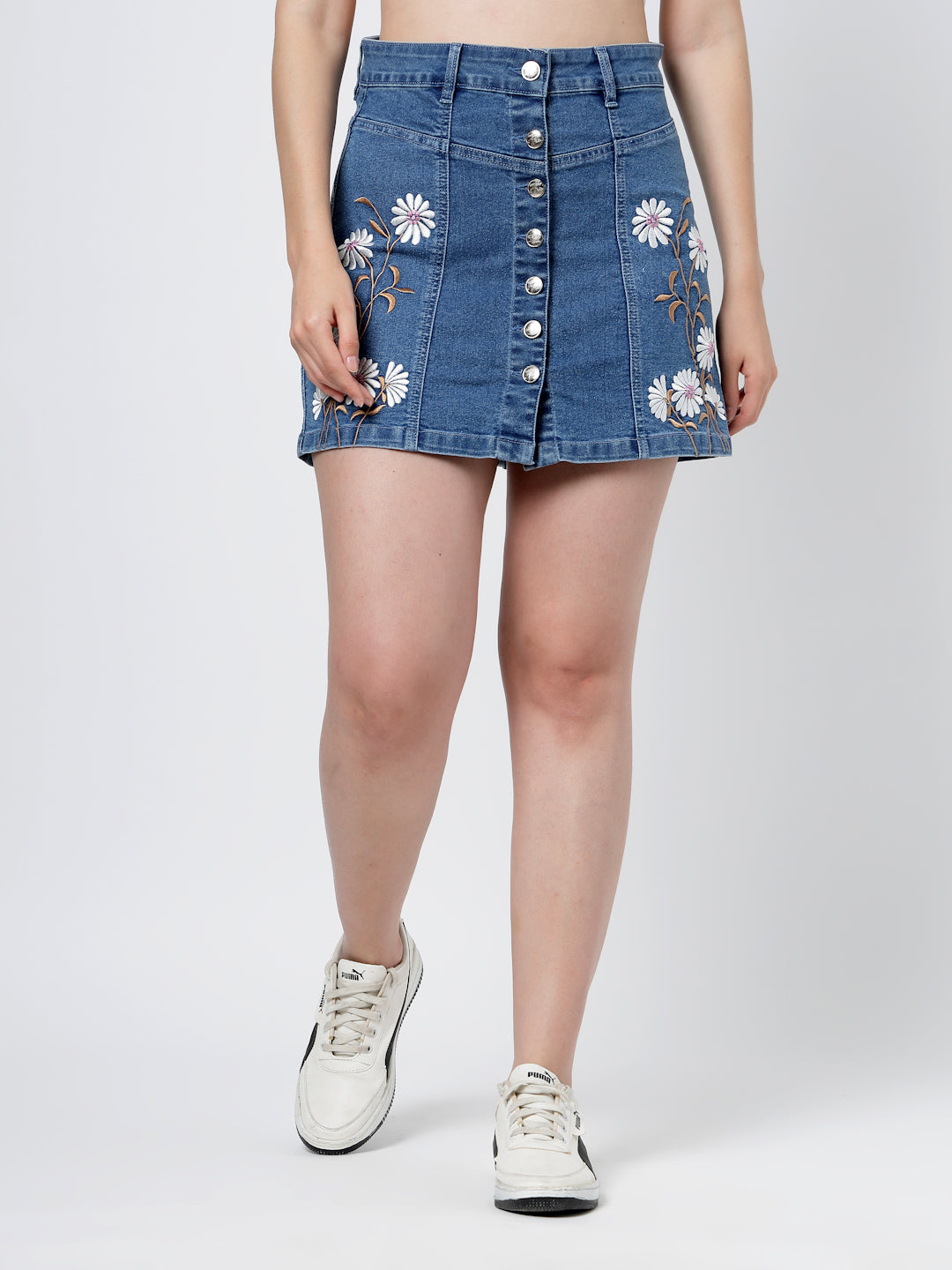 Embroidered Blue Denim Mini Skirt